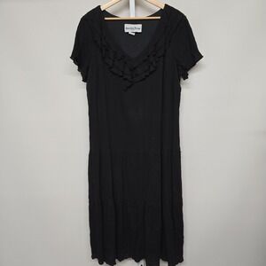 Vintage ANOTHER THYME Black Textured Midi Dress Ruffle Neck Short Sleeve 1X